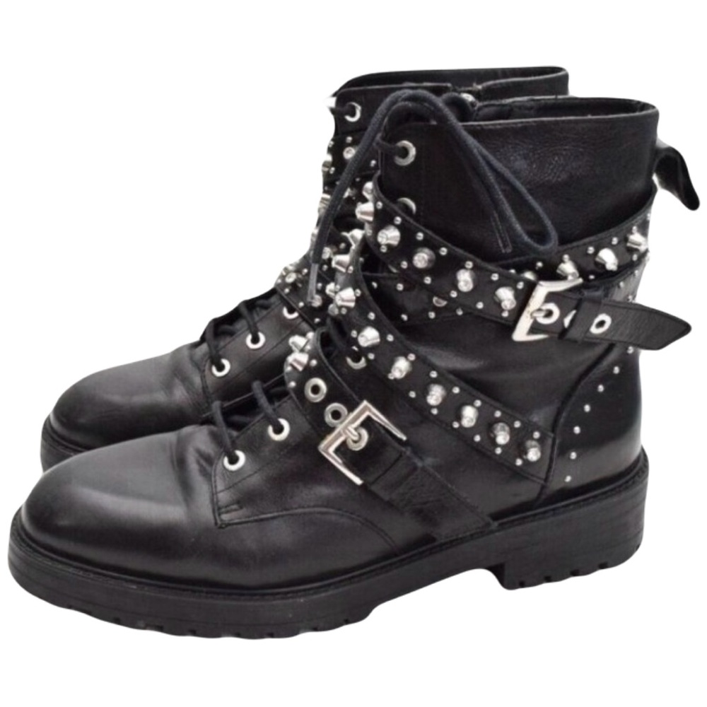 ZARA Leather Biker Moto Buckle Boots Black Size 40 Studded Lace Up 9